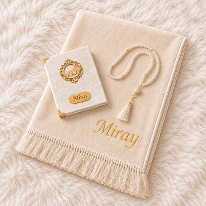 Personalized Velvet Prayer Mat & Yaseen Book Gift Set with Tasbih