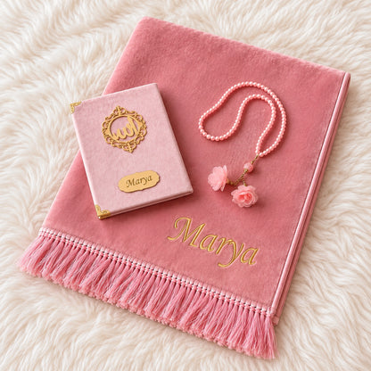 Personalized Velvet Prayer Mat & Yaseen Book Gift Set with Tasbih