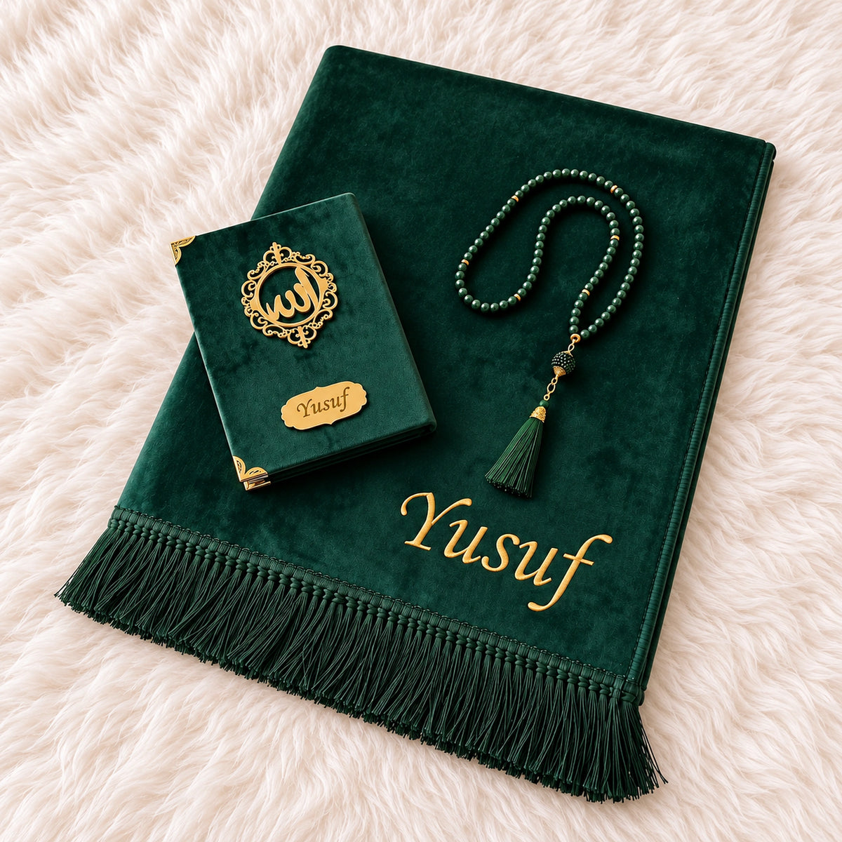 Personalized Velvet Prayer Mat & Yaseen Book Gift Set with Tasbih