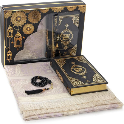 Islamic Prayer Gift Set – Holy Quran with English Translation, Prayer Rug & Tesbih (4 Piece) - ihvan