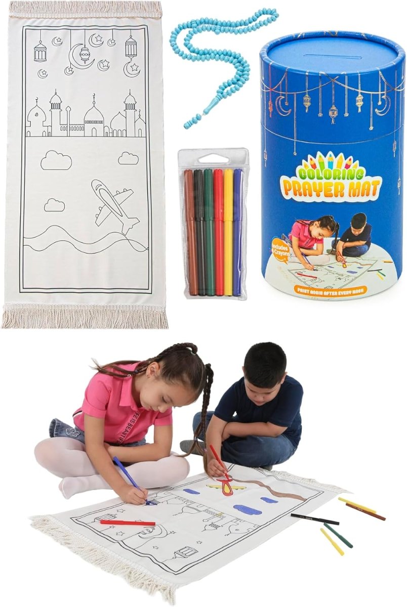 Islamic Prayer Rug Set for Kids | Paintable & Washable | Blue - ihvan