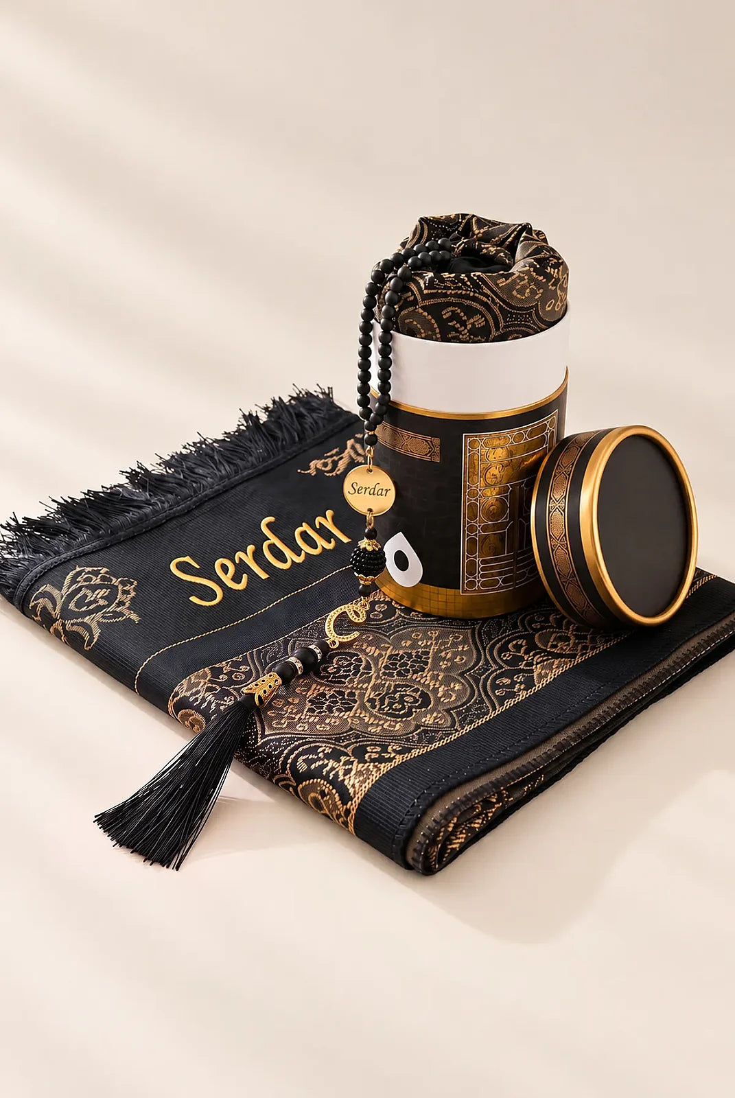 Personalized Kaaba Gift Box Set with Embroidered Prayer Mat & Name Tasbih