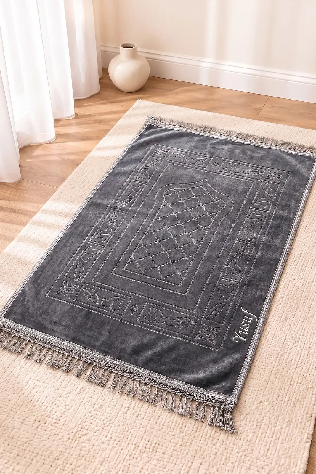 Personalized Embroidered Plush Prayer Rug with Mihrab Design