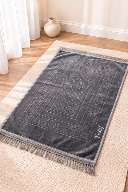 Personalized Embroidered Plush Prayer Rug with Mihrab Design