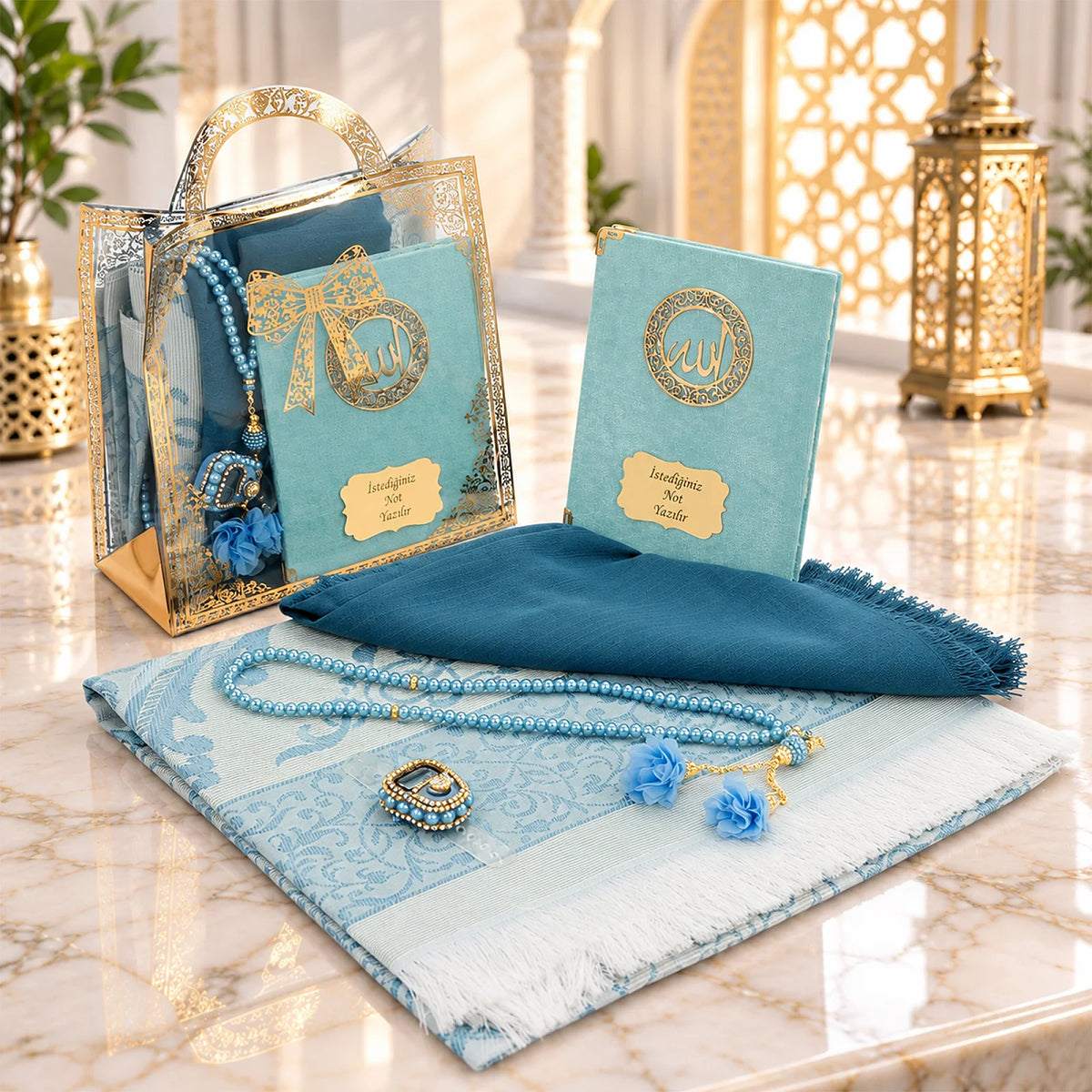 Personalised Yaseen Gift Set with Prayer Mat, Shawl, Tasbih & Acrylic Carry Case