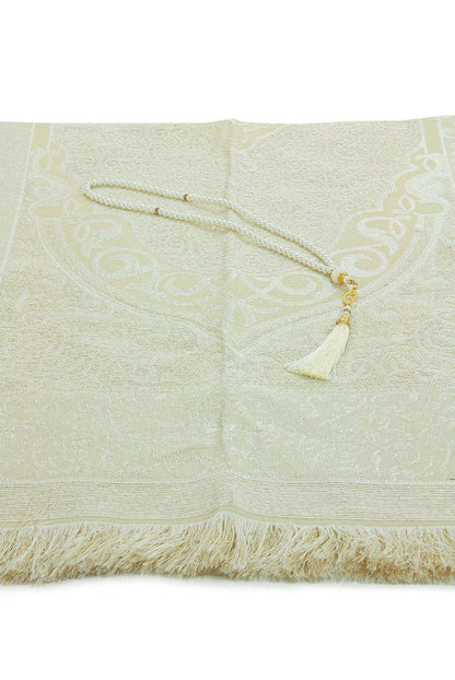 Kaaba Pattern Luxury Mevlut Gift Set – Black Tafta Prayer Rug, Needle Lace Scarf, Pearl Tasbeeh, Special Gift Box - ihvan