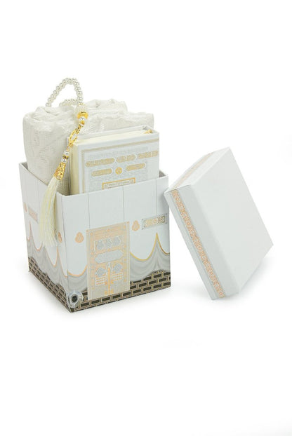 Kaaba Pattern Luxury Mevlut Gift Set – Holy Quran, Tafta Prayer Rug, Pearl Tasbeeh, Special Gift Box - ihvan