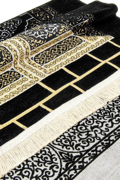 Kaaba Pattern Ultra Plus Chenille Prayer Rug – Black - ihvan