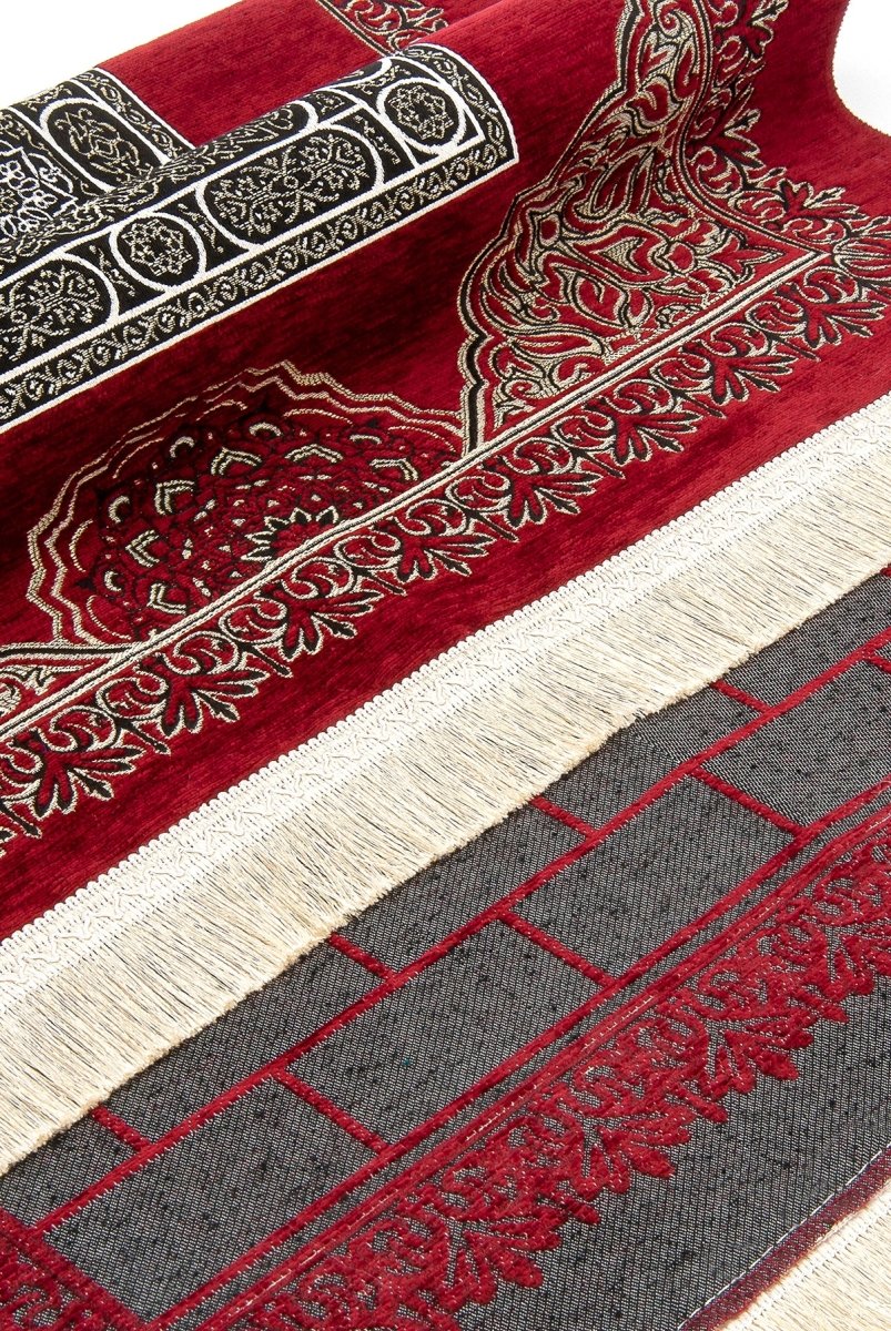 Kaaba Pattern Ultra Plus Chenille Prayer Rug – Red - ihvan