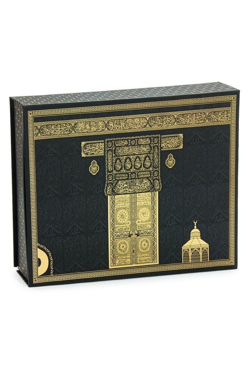 Kaaba Pattern Velvet Quran Gift Set with Tasbeeh, Perfume Oil & Bookmark – Esmaul Husna Box - ihvan