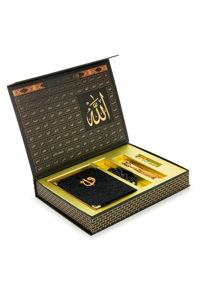 Kaaba Pattern Velvet Quran Gift Set with Tasbeeh, Perfume Oil & Bookmark – Esmaul Husna Box - ihvan