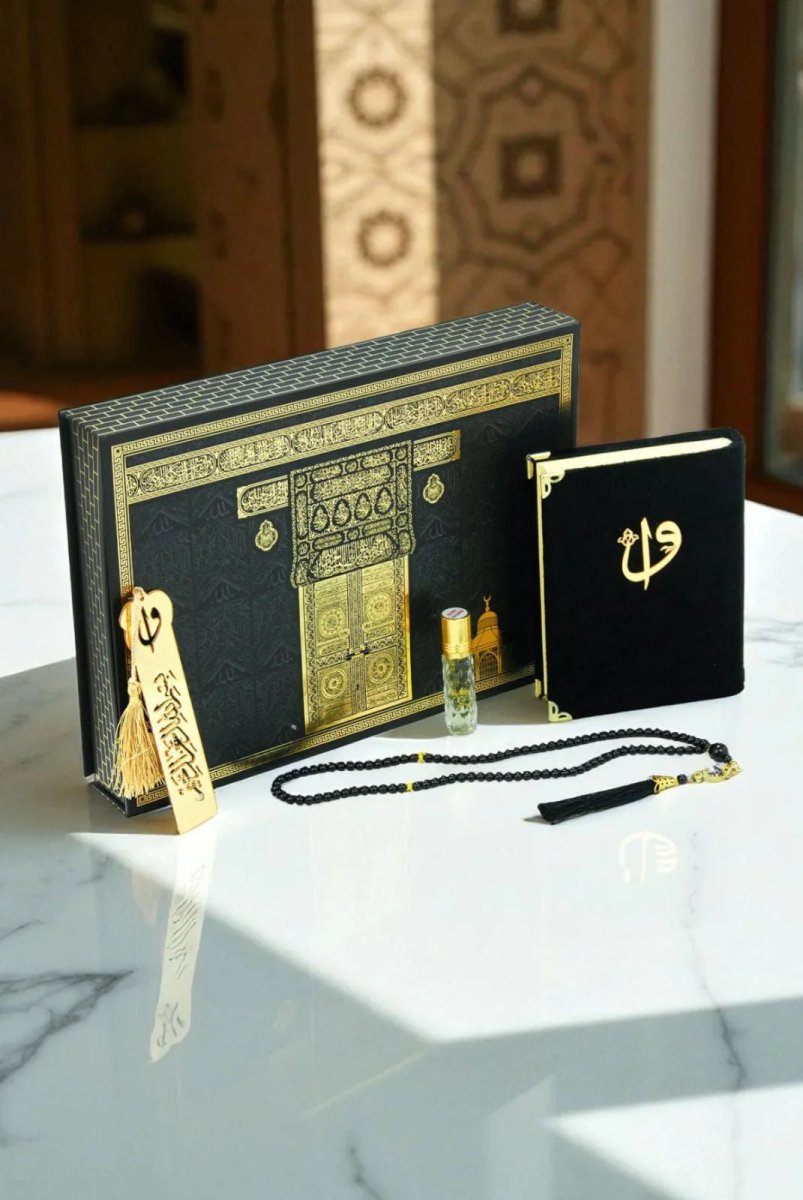 Kaaba Pattern Velvet Quran Gift Set with Tasbeeh, Perfume Oil & Bookmark – Esmaul Husna Box - ihvan