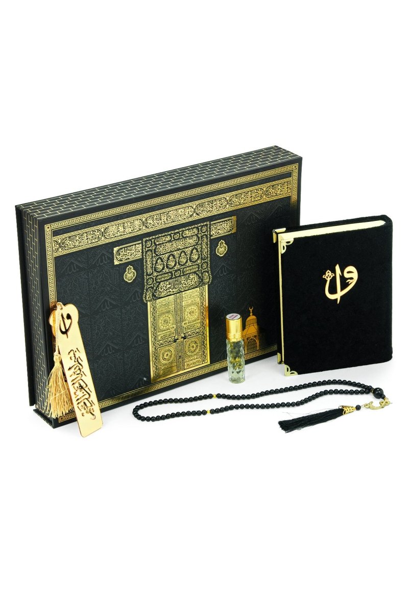 Kaaba Pattern Velvet Quran Gift Set with Tasbeeh, Perfume Oil & Bookmark – Esmaul Husna Box - ihvan