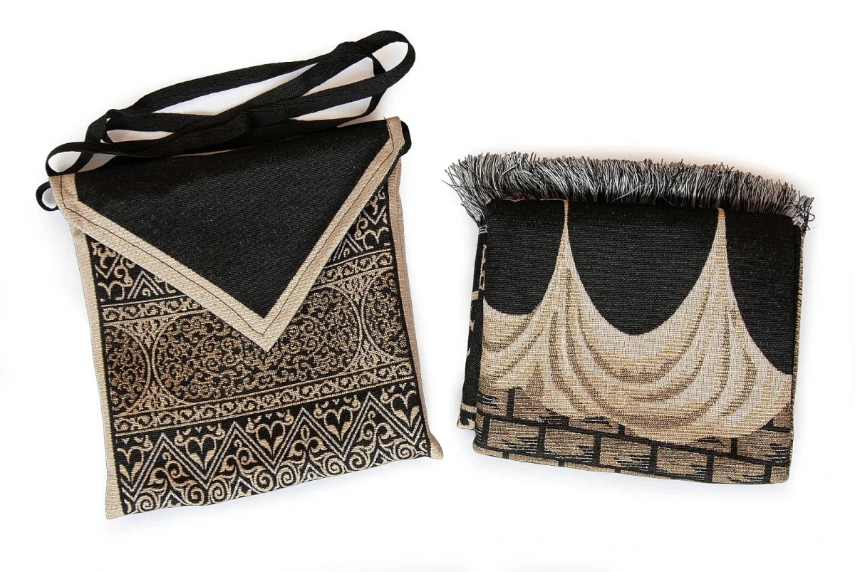 Kaaba Patterned Chenille Prayer Mat Set with Carry Bag - ihvan