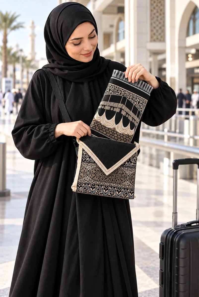 Kaaba Patterned Chenille Prayer Mat Set with Carry Bag - ihvan
