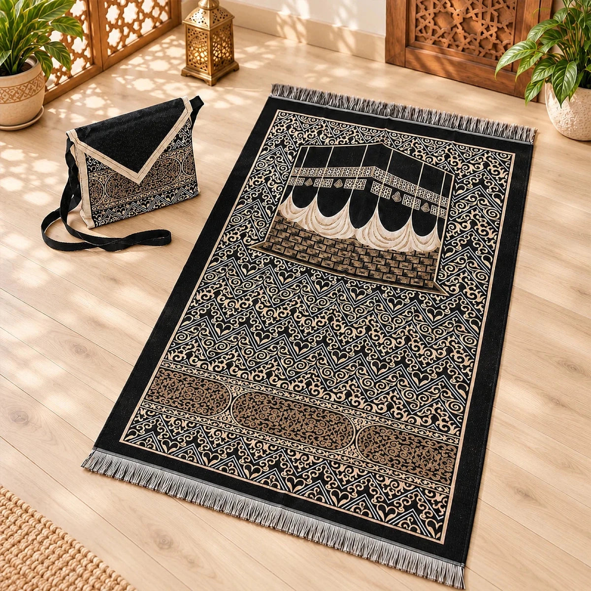 Kaaba Patterned Chenille Prayer Mat Set with Carry Bag - ihvan