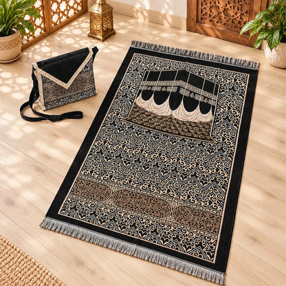 Kaaba Patterned Chenille Prayer Mat Set with Carry Bag - ihvan