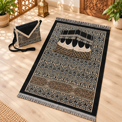 Kaaba Patterned Chenille Prayer Mat Set with Carry Bag