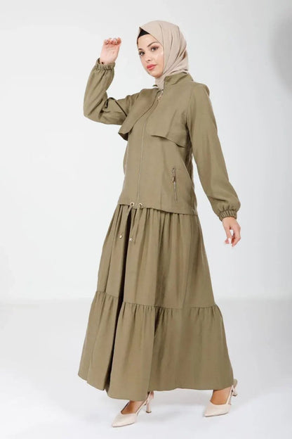 Khaki Two - Piece Mandarin Collar Jacket with Elasticated Sleeves 9102 - 25 - ihvan