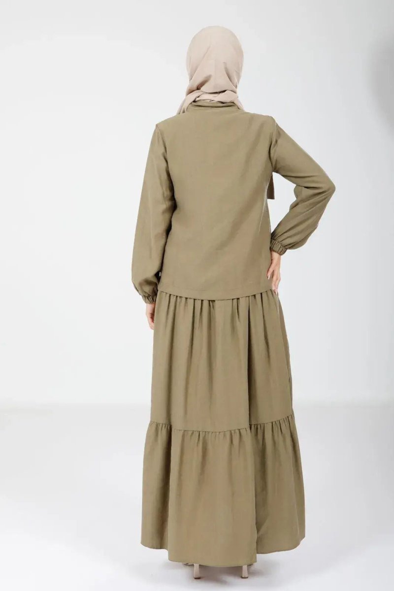 Khaki Two - Piece Mandarin Collar Jacket with Elasticated Sleeves 9102 - 25 - ihvan