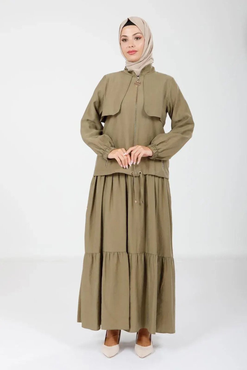Khaki Two - Piece Mandarin Collar Jacket with Elasticated Sleeves 9102 - 25 - ihvan