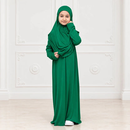 Kids One-Piece Prayer Dress with Attached Hijab – Easy Slip-On Salah Outfit - ihvan
