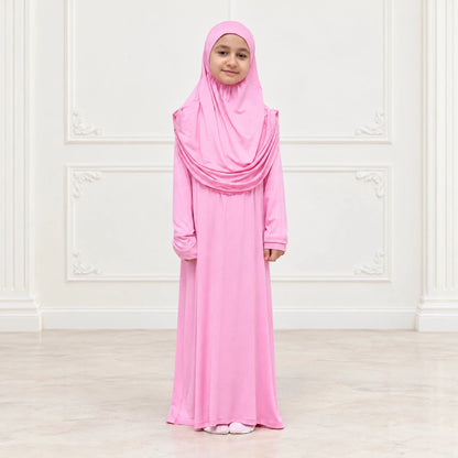 Kids One-Piece Prayer Dress with Attached Hijab – Easy Slip-On Salah Outfit - ihvan