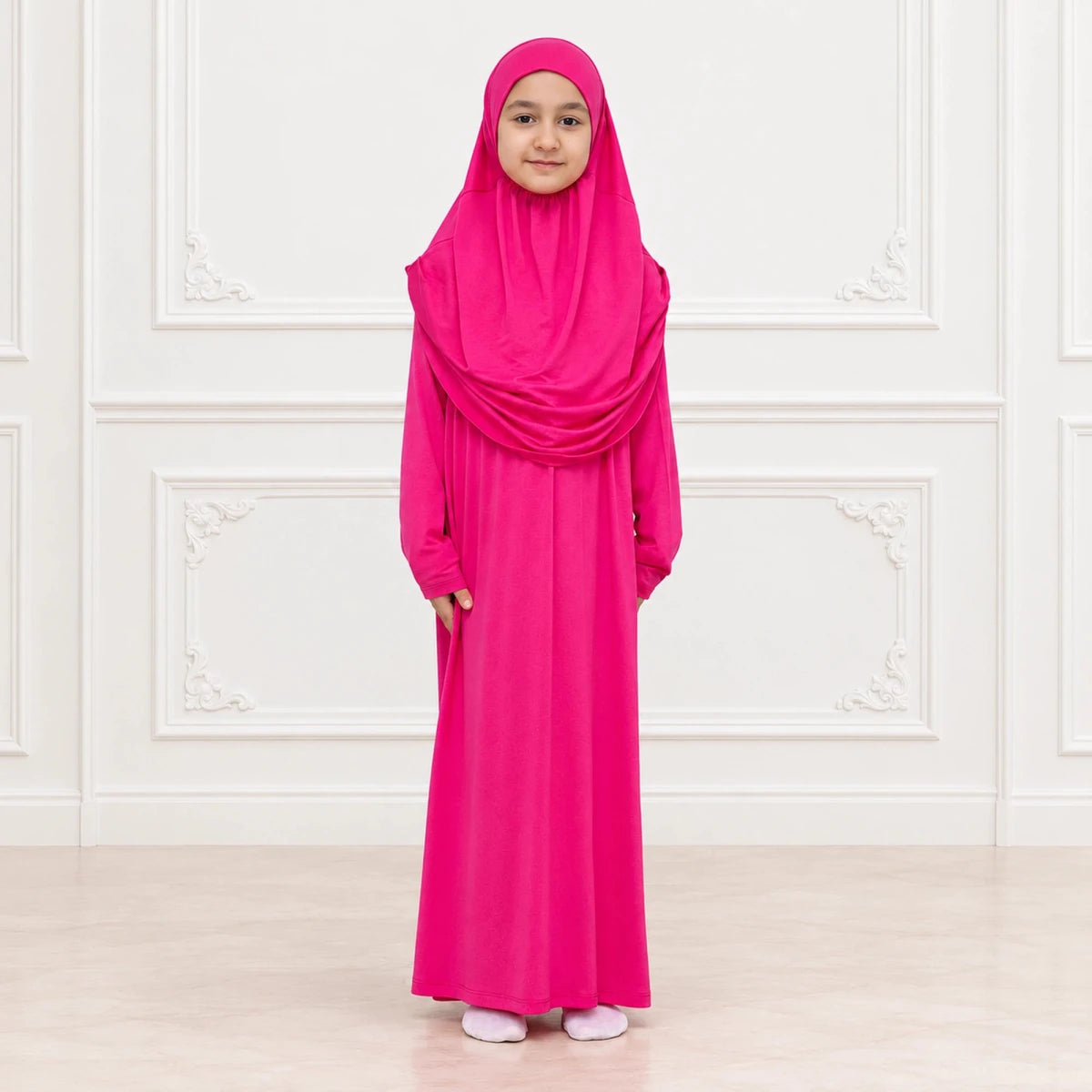 Kids One-Piece Prayer Dress with Attached Hijab – Easy Slip-On Salah Outfit - ihvan