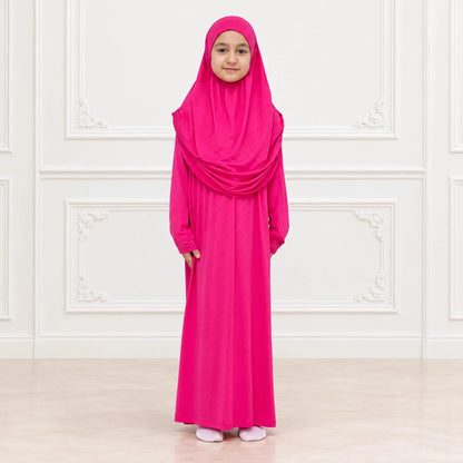 Kids One-Piece Prayer Dress with Attached Hijab – Easy Slip-On Salah Outfit - ihvan