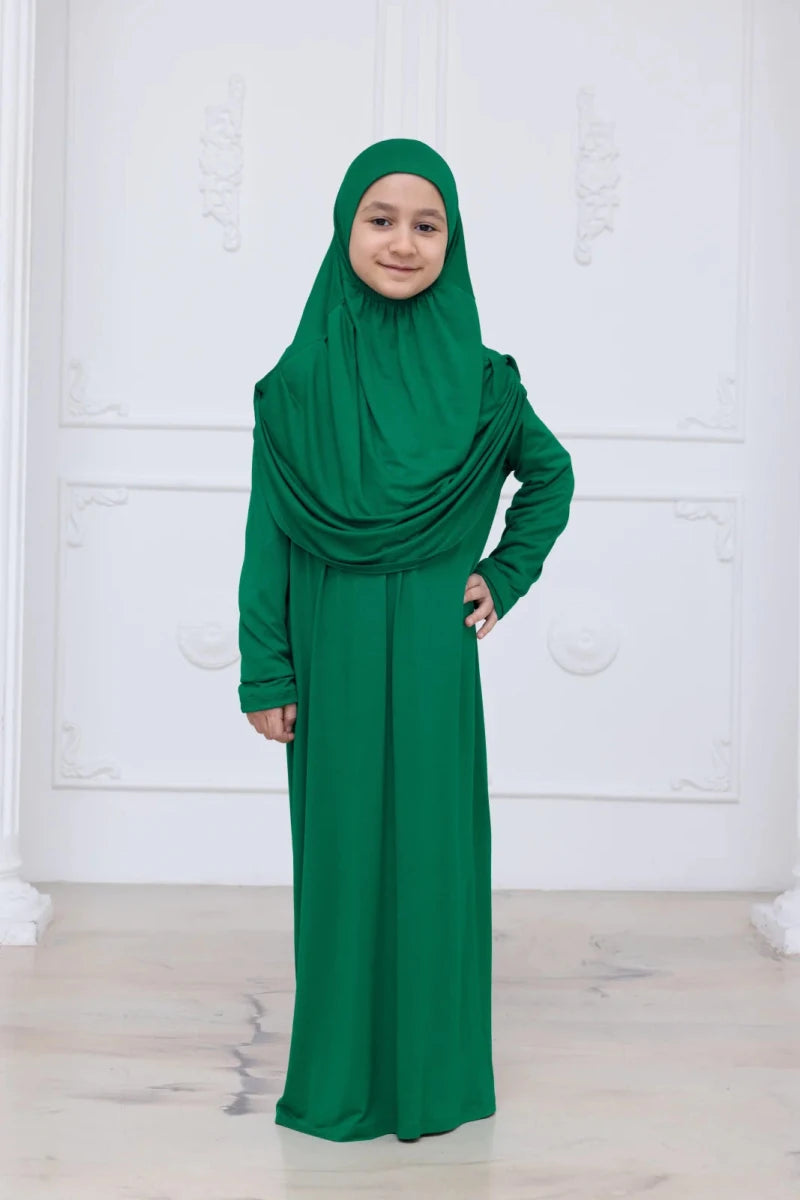 Kids One-Piece Prayer Dress with Attached Hijab – Easy Slip-On Salah Outfit - ihvan