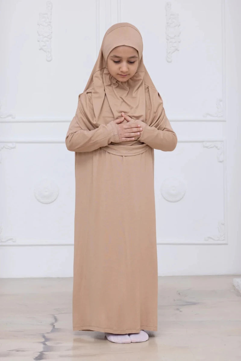 Kids One-Piece Prayer Dress with Attached Hijab – Easy Slip-On Salah Outfit - ihvan