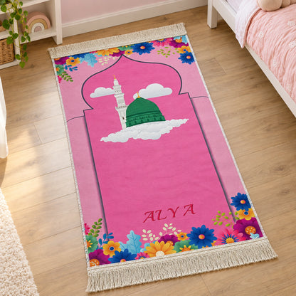 Personalized Ramadan Prayer Rug for Kids with Glitter Tassels