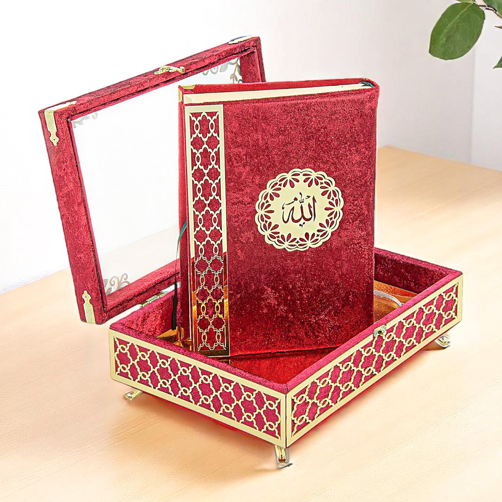 Velvet Covered Holy Quran Gift Set | Gold Embellished Glass-Top Rehal Box | Decorative Islamic Display for Ramadan & Eid