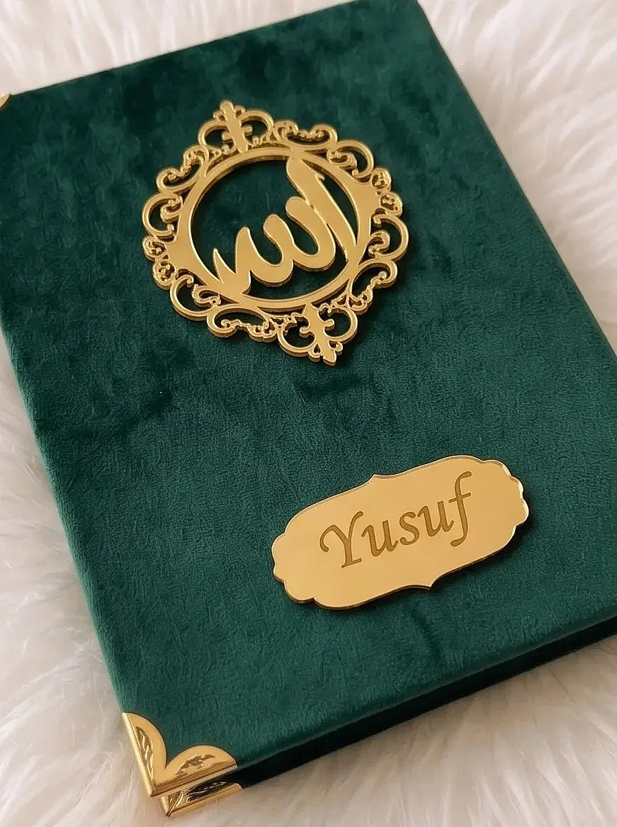 Personalized Velvet Prayer Mat & Yaseen Book Gift Set with Tasbih