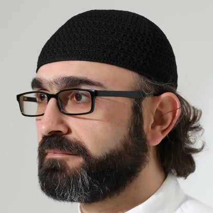 Amber Knitted Kufi Prayer Cap – Patterned Muslim Cap