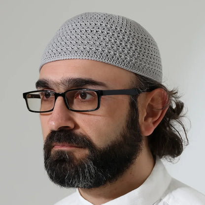 Amber Knitted Kufi Prayer Cap – Patterned Muslim Cap