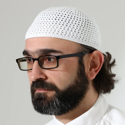 Amber Knitted Kufi Prayer Cap – Patterned Muslim Cap