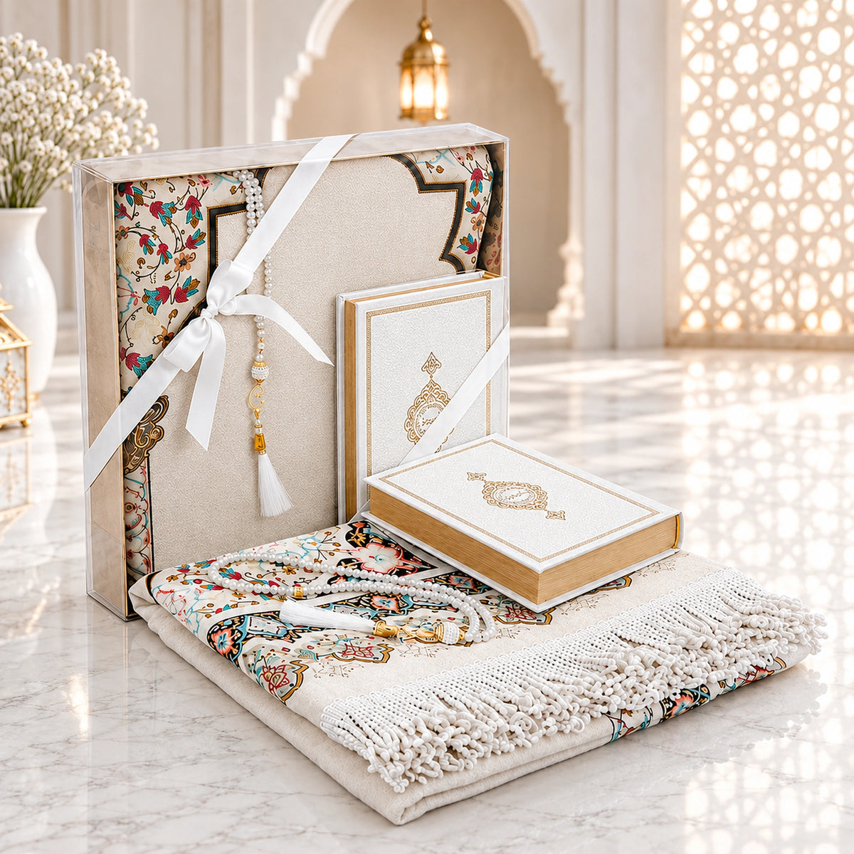 Arabic Quran Islamic Gift Set with Velvet Prayer Mat, Tasbih & Gift Box