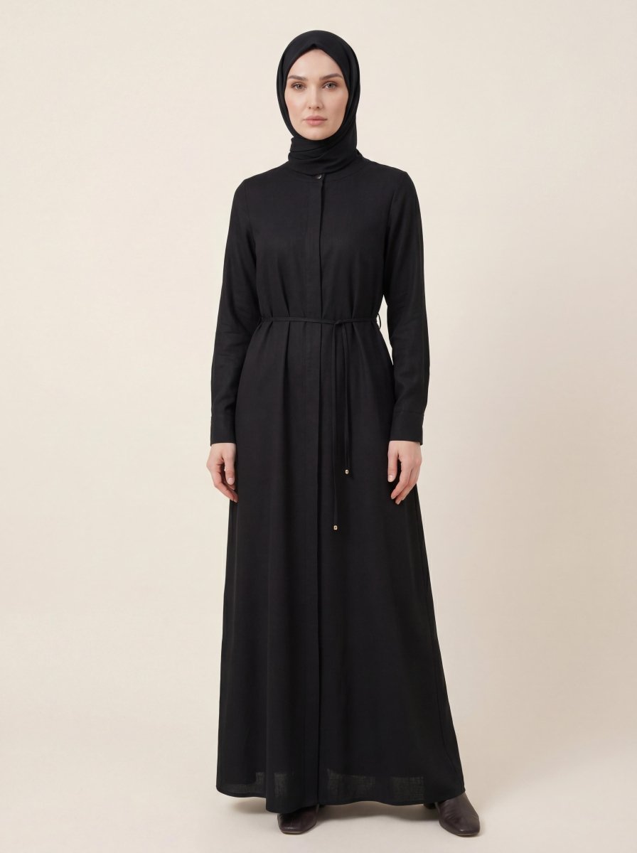 Lace - up Linen Abaya, Front Closure, Mandarin Collar, Long Sleeves, 9542 - 26 Black - ihvan