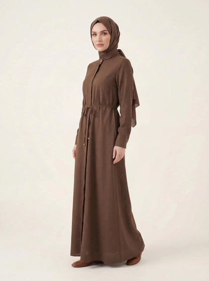 Lace - up Linen Abaya, Front Closure, Mandarin Collar, Long Sleeves, 9542 - 26 Mink - ihvan