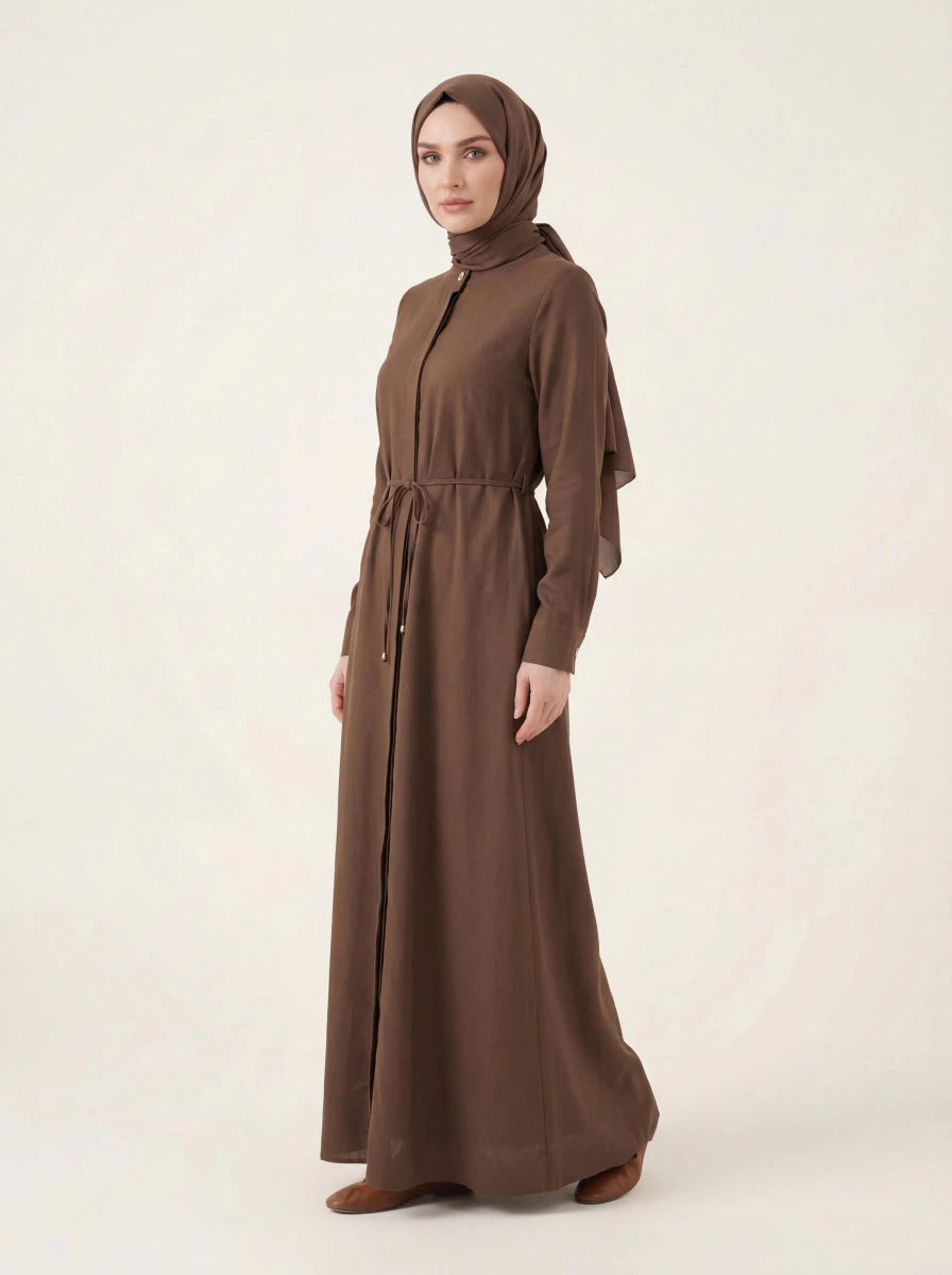 Lace - up Linen Abaya, Front Closure, Mandarin Collar, Long Sleeves, 9542 - 26 Mink - ihvan