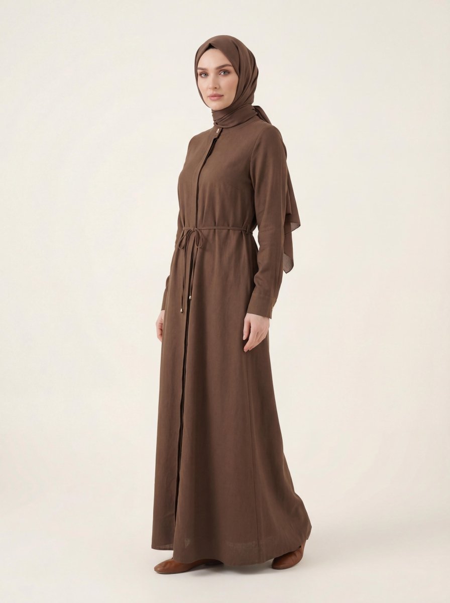 Lace - up Linen Abaya, Front Closure, Mandarin Collar, Long Sleeves, 9542 - 26 Mink - ihvan