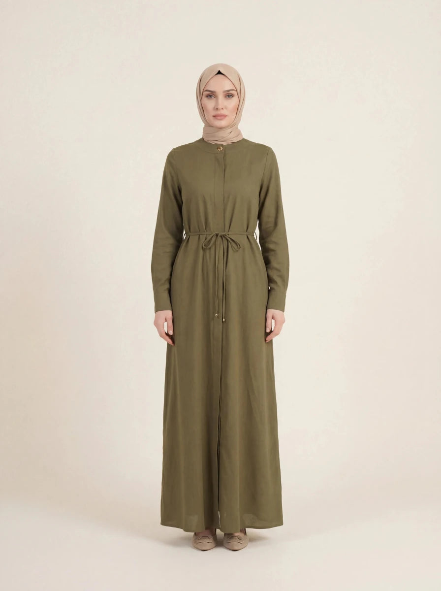 Lace - up Linen Abaya with Front Closure, Mandarin Collar, Long Sleeves, 9542 - 26 Khaki - ihvan