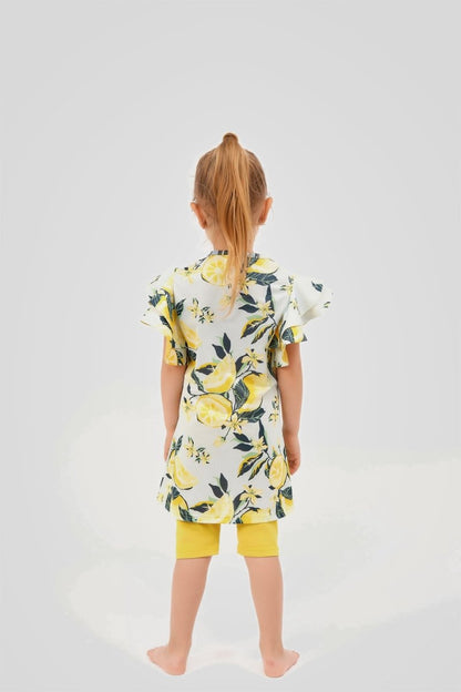 Lemon Patterned Ruffled Sleeve Shorts and Kids Swimsuit Set 24100 - 26 Yellow - ihvan