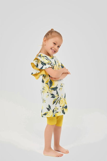 Lemon Patterned Ruffled Sleeve Shorts and Kids Swimsuit Set 24100 - 26 Yellow - ihvan