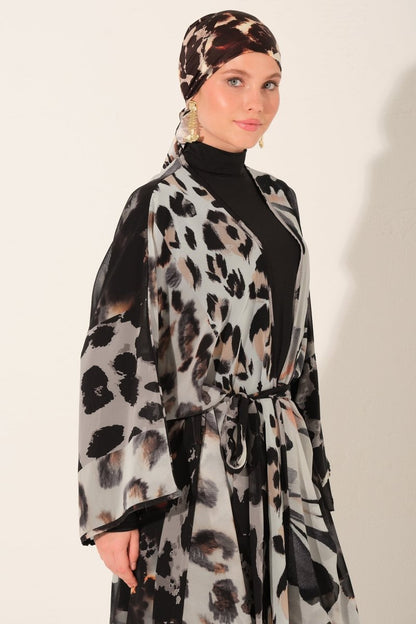 Leopard Print Belted Long Beach Pareo 7143 - 26 Black - ihvan