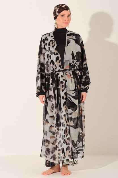 Leopard Print Belted Long Beach Pareo 7143 - 26 Black - ihvan