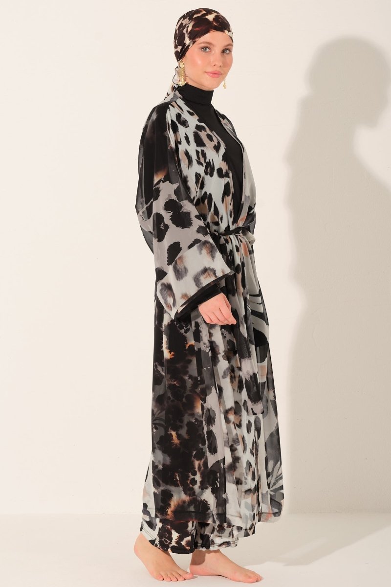 Leopard Print Belted Long Beach Pareo 7143 - 26 Black - ihvan