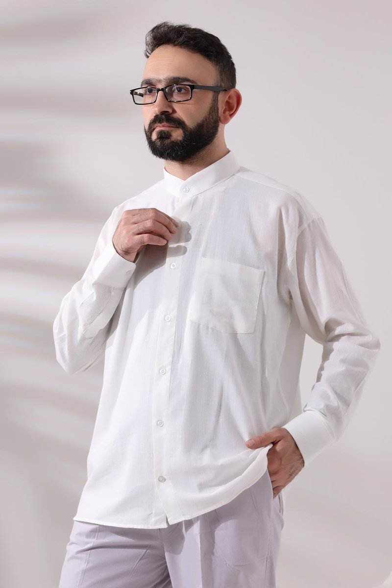 Light Cream Men's Loose Fit Single Pocket Mandarin Collar Hajj and Umrah Linen Shirt - ihvan