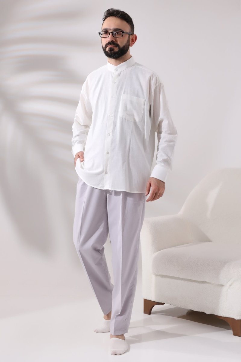 Light Cream Men's Loose Fit Single Pocket Mandarin Collar Hajj and Umrah Linen Shirt - ihvan